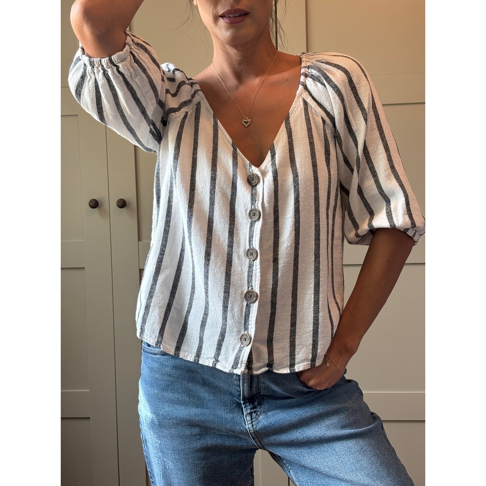 Sanctuary Striped Linen Blend Puff Sleeve Button Top Boho Beach Coastal